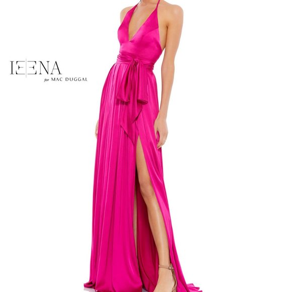 NWT Mac Duggal 26531 Halter Strap Soft Tie Gown in‎ Magenta Pink Size 12 - Picture 1 of 8
